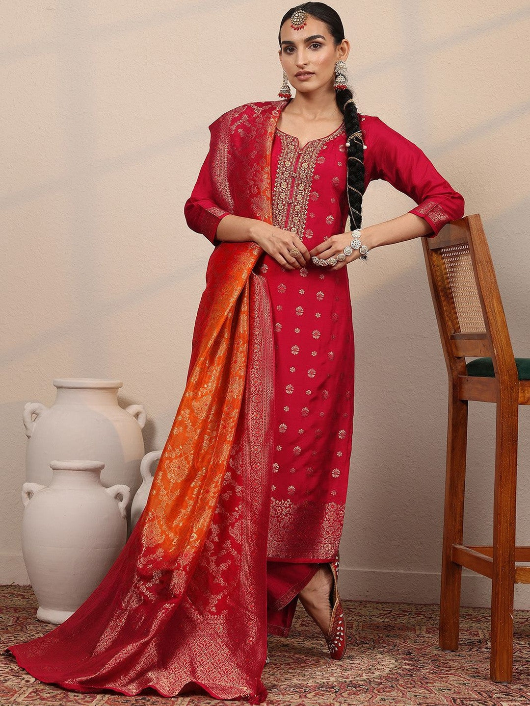 Woven Design A-Line Notch Neck Kurta With Trouser And Dupatta