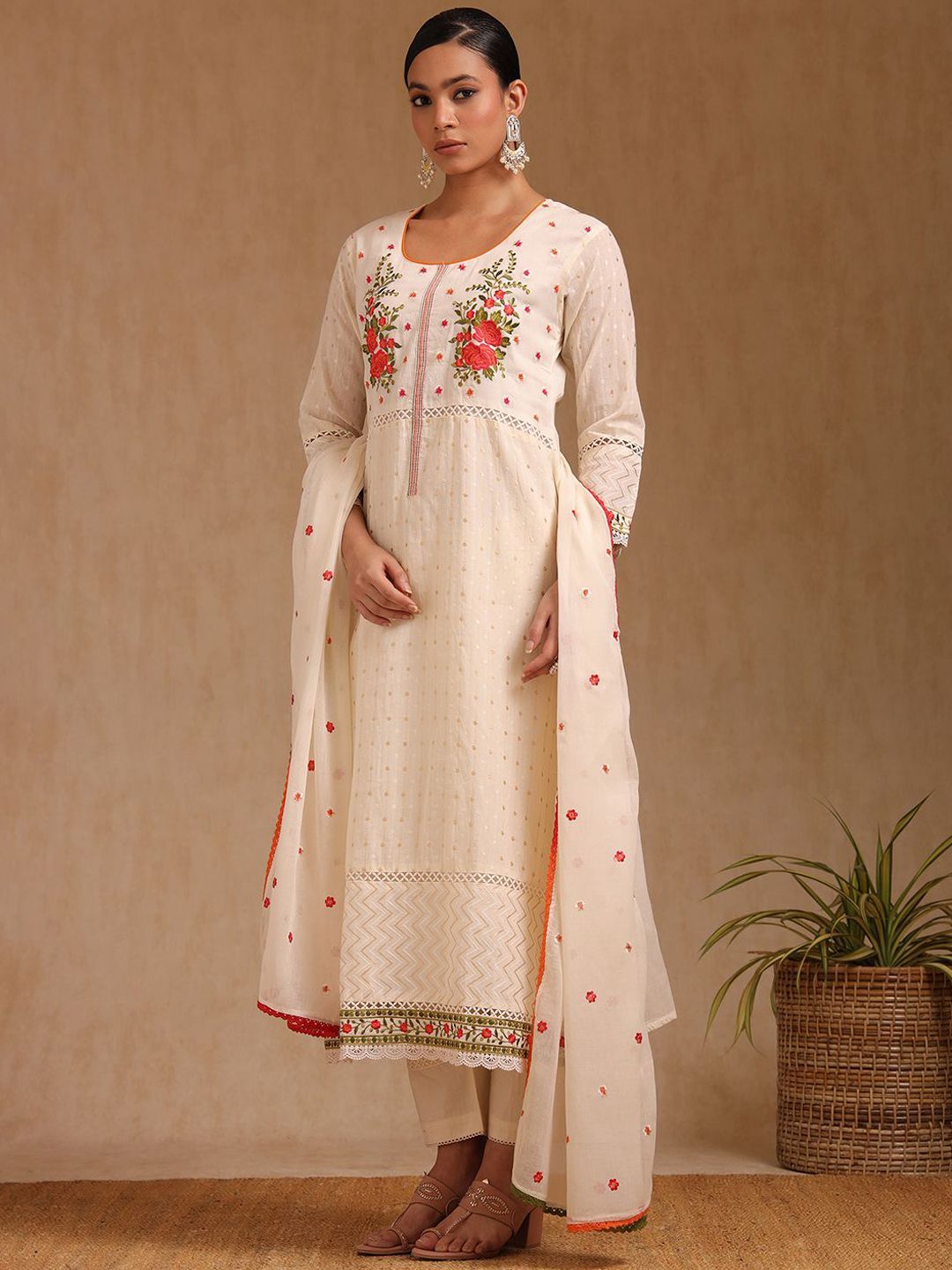 Dhiyona SO Women's Floral Embroidered Thread Work Cotton A-Line Kurta With Trouser And Dupatta