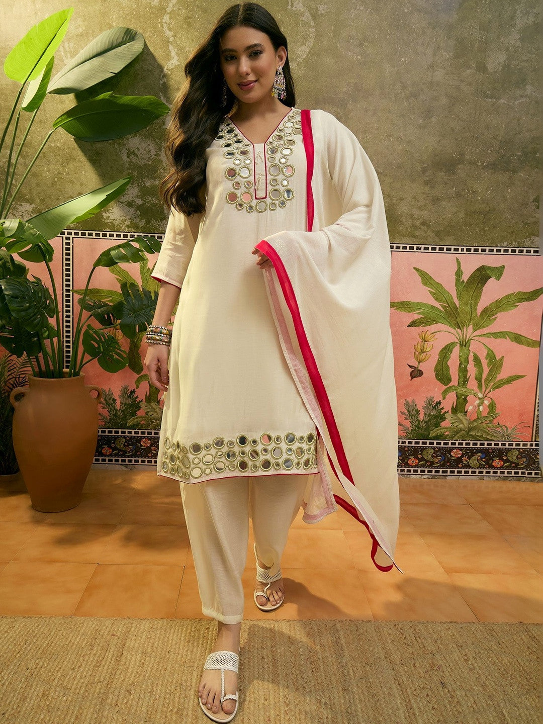 Embroidered Pure Cotton Round Neck Kurta & Trousers With Dupatta