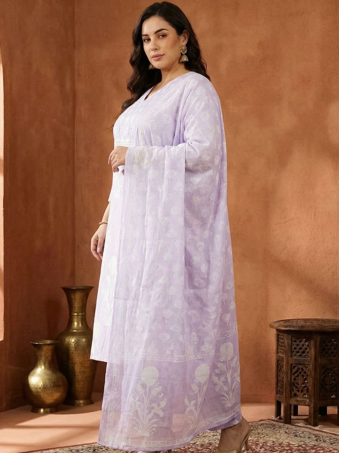 Dhiyona Women's Floral Printed Regular Pure Cotton Kurta with Trousers & With Dupatta