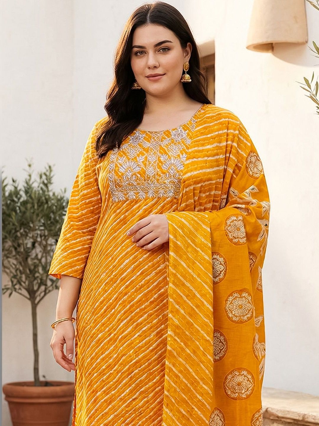 Dhiyona Women's Printed Regular Thread Work Pure Cotton Kurta with Trousers & With Dupatta