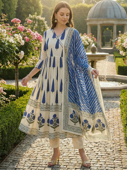 Women Ethnic Motifs Printed Angrakha Pure Cotton Kurta with Trousers & With Dupatta