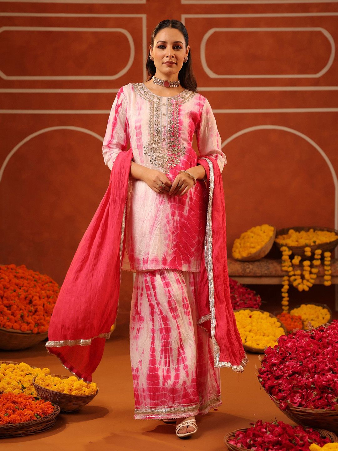 Dhiyona SC Women Fuchsia Shibori Chanderi Silk Embroidered Sharara Set