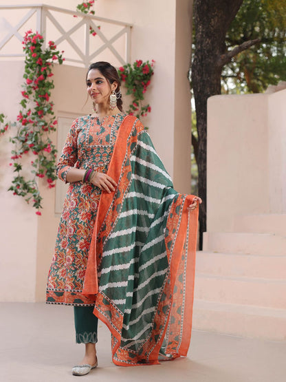 Dhiyona RR Women's Floral Printed Regular Pure Cotton Kurta with Trousers & With Dupatta