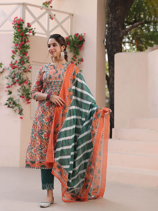 Dhiyona RR Women's Floral Printed Regular Pure Cotton Kurta with Trousers & With Dupatta