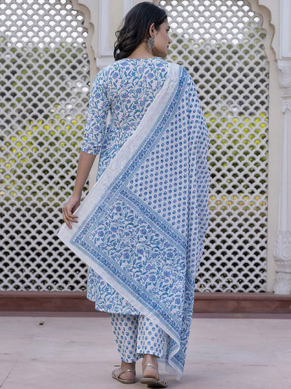 Dhiyona KL Floral Printed Mirror Work Anarkali Pure Cotton Kurta With Trousers & Dupatta