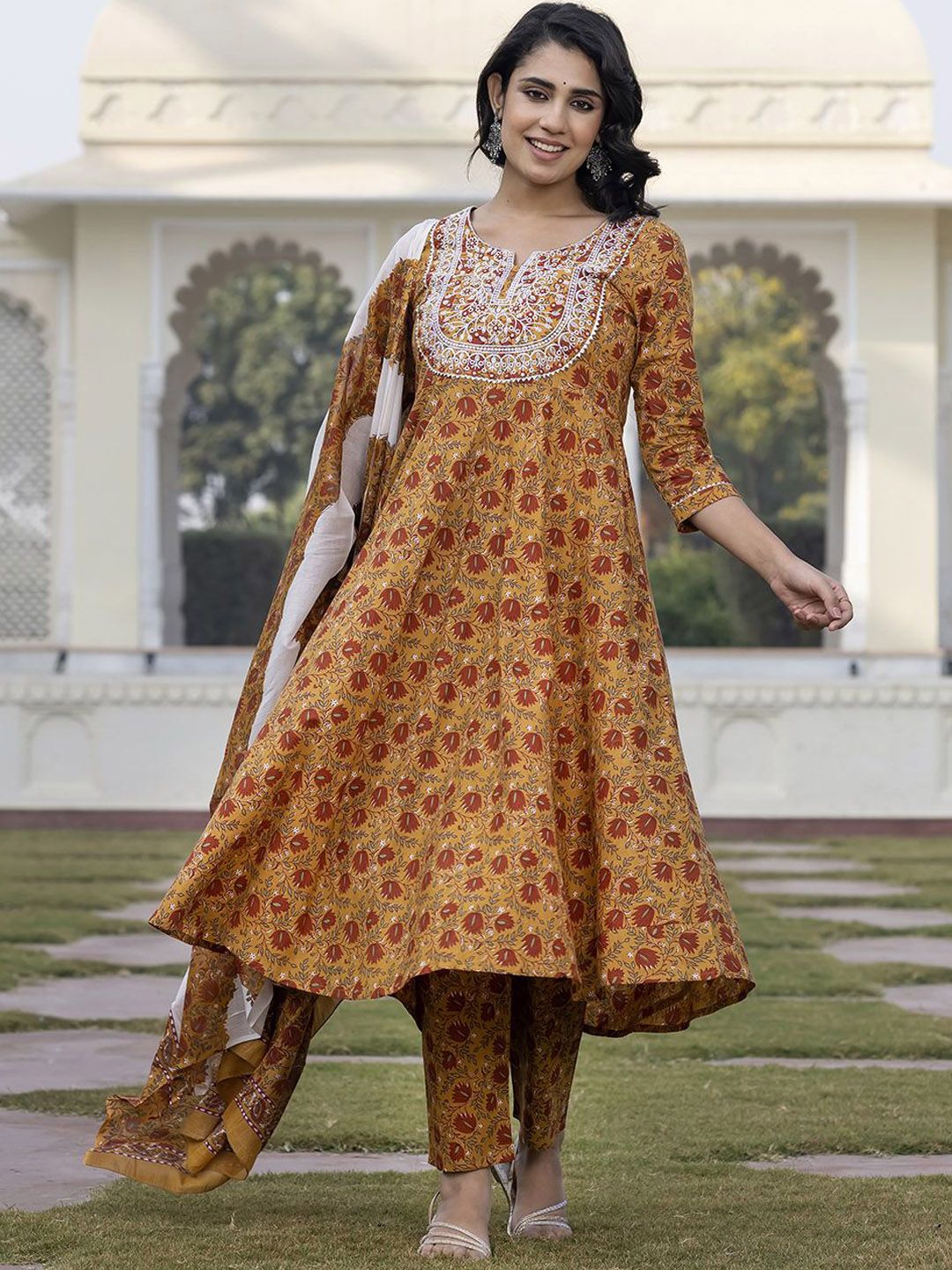 Dhiyona KL Floral Printed Thread Work Pure Cotton Anarkali Kurta With Trouser & Dupatta