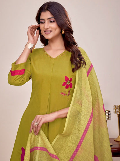 Embroidered V-Neck Kurta & Trousers With Dupatta