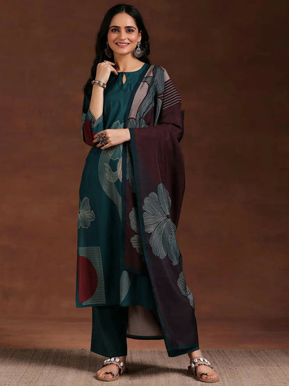 Women's LB Teal Printed Silk Blend Straight Suit With Dupatta