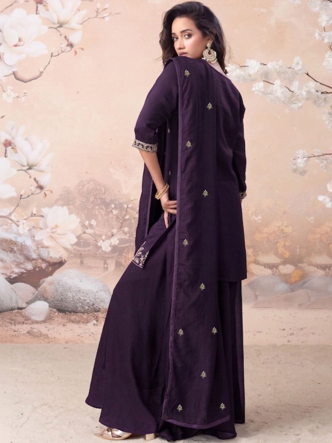 Embroidered Silk Blend Round Neck Kurta & Sharara With Dupatta