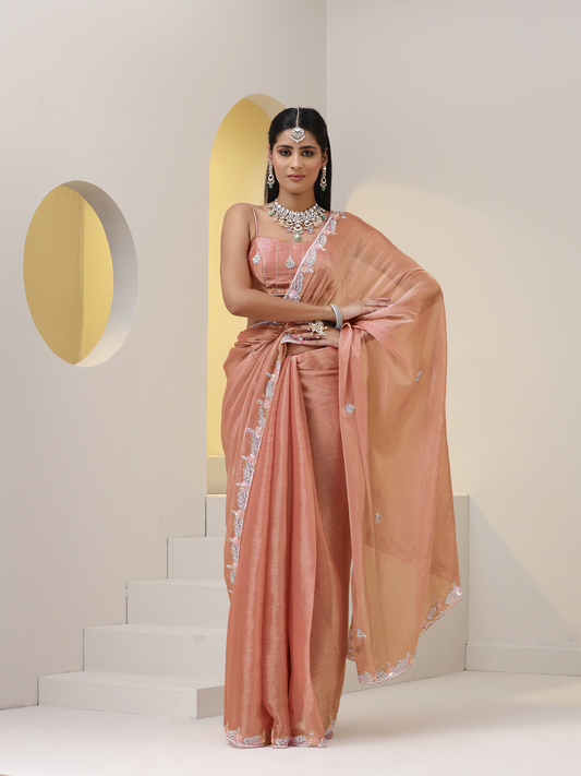 Dhiyona ST Shades of Peach Pink Hand Sequin Beaded Organza Saree with Blouse Fabric