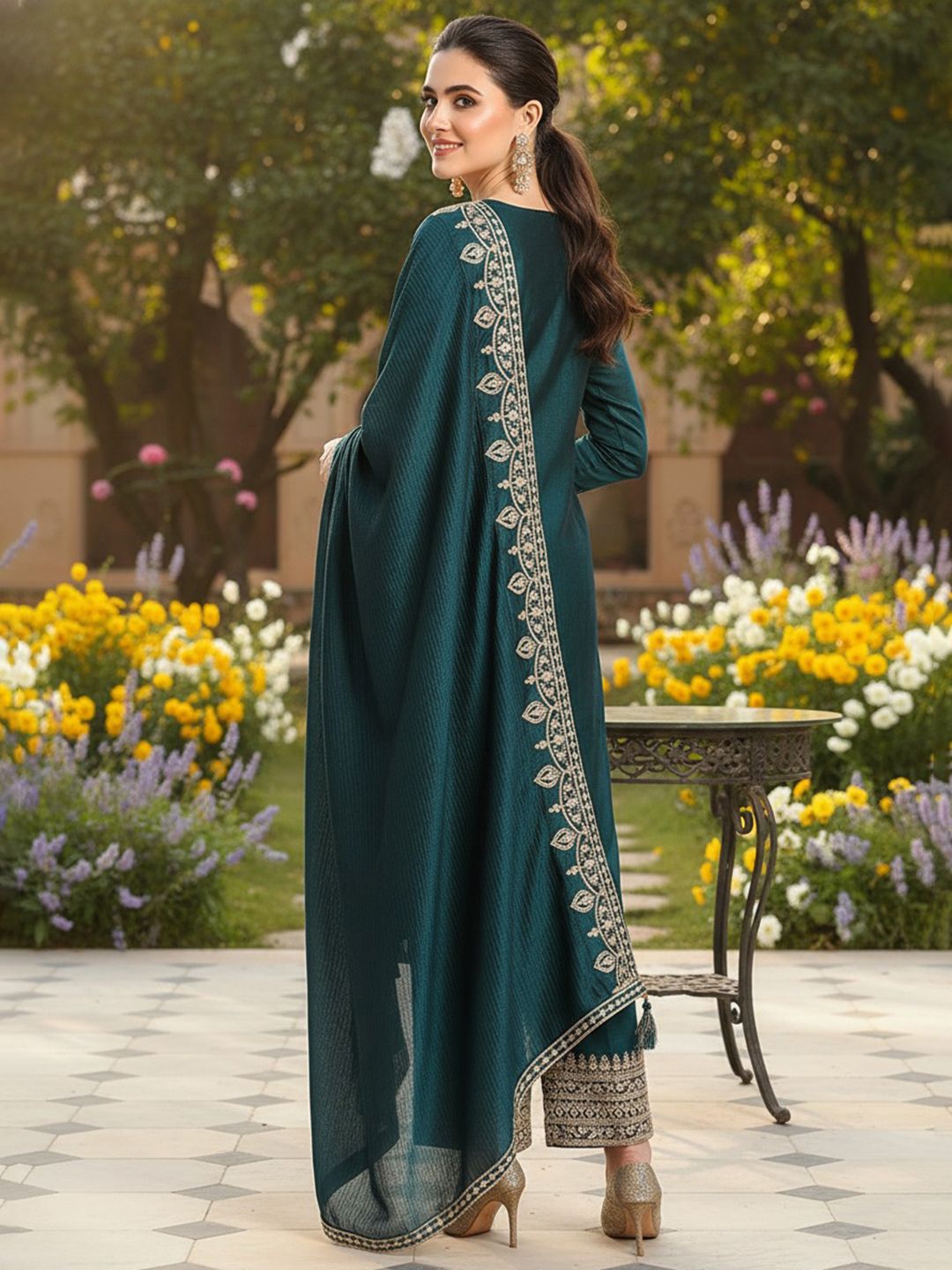 Dhiyona KL Women Embroidered Regular Kurta with Palazzos & With Dupatta