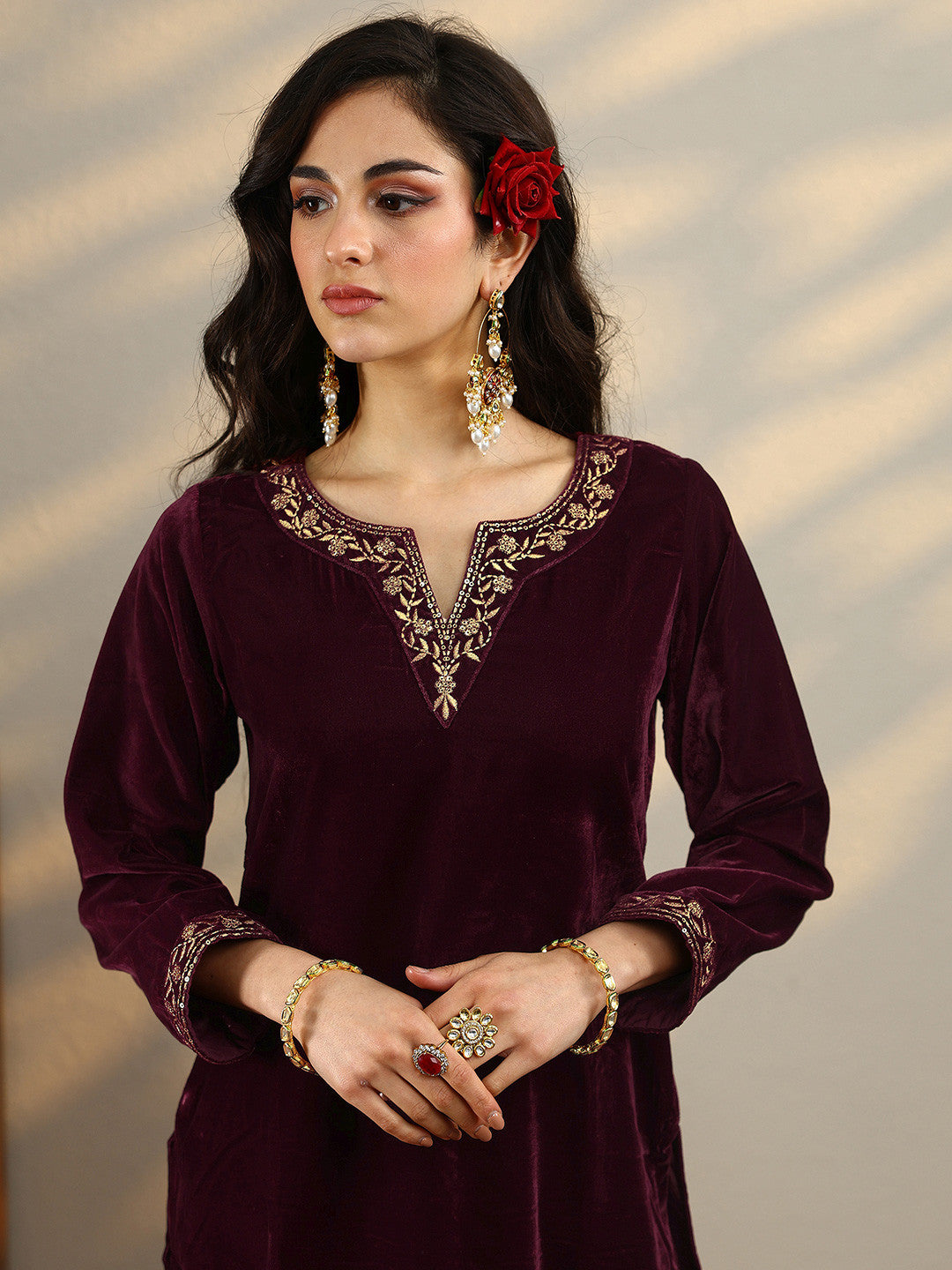 Straight Velvet Thread Work Kurta with Palazzos & Dupatta