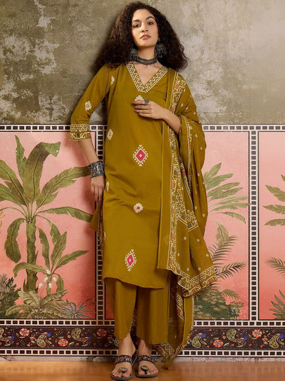 Printed Cotton V-Neck Kurta & Trousers With Dupatta
