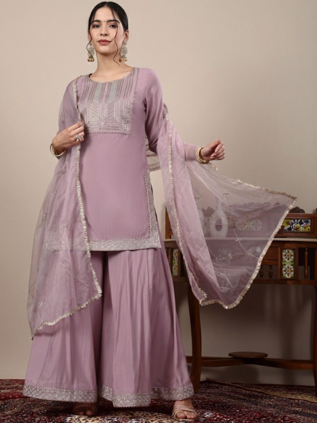 Dhiyona HOP Embroidered Round Neck Kurti & Sharara With Dupatta