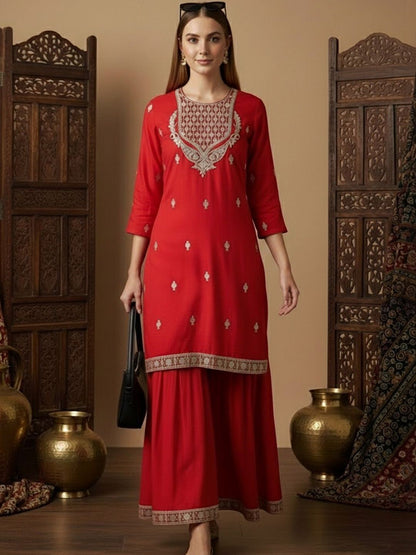 Dhiyona SN Embroidered Round Neck StraightKurta & Sharara With Dupatta