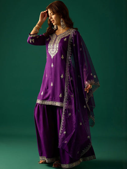 Dhiyona VA Ethnic Motifs Embroidered Zari Kurta With Sharara & Dupatta