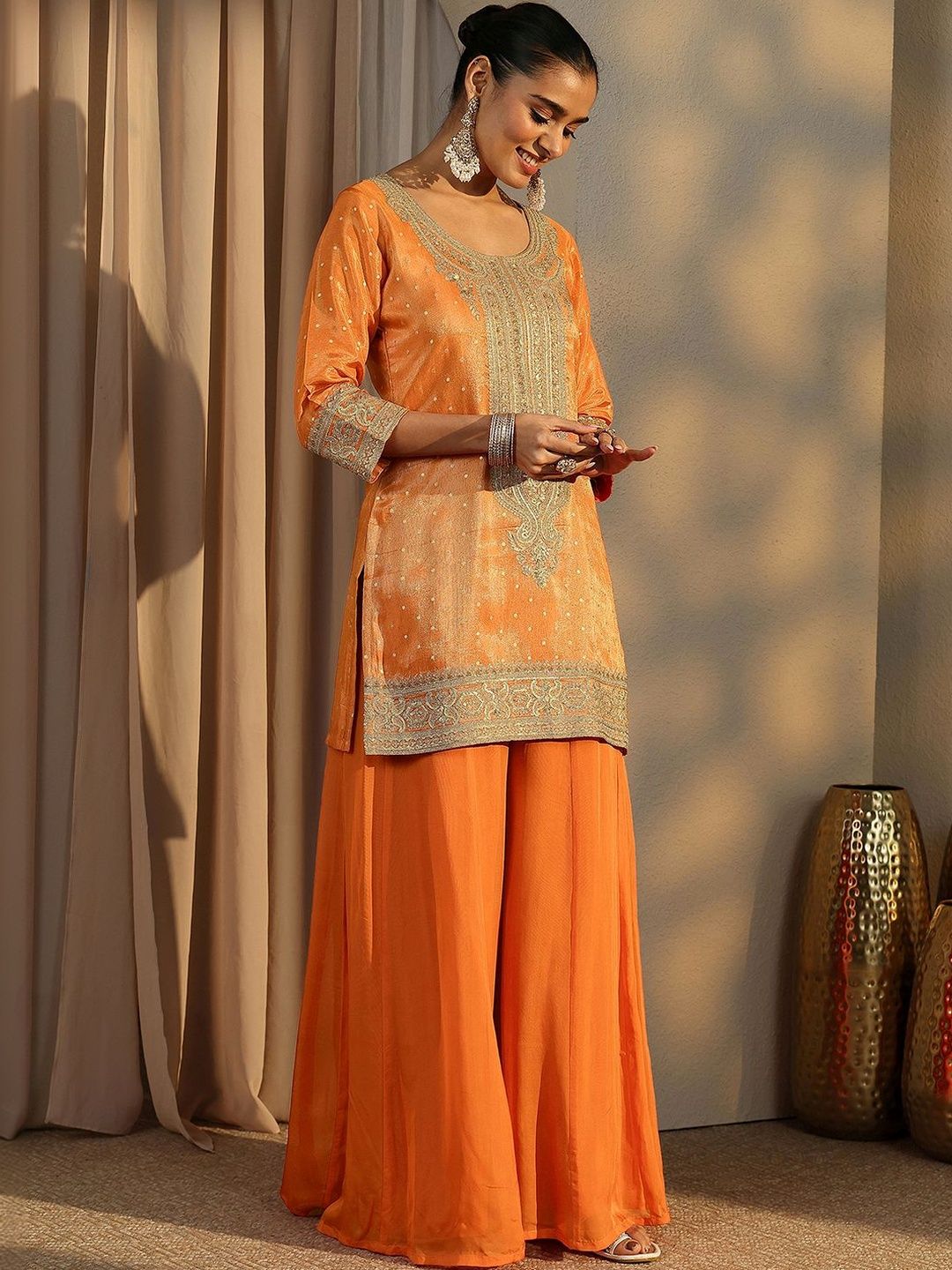 Dhiyona LL Women Ethnic Motifs Embroidered Regular Thread Work Kurta with Palazzos & With Dupatta