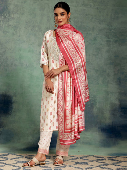 Women Ethnic Motifs Printed Regular Thread Work Kurta with Trousers & With Dupatta