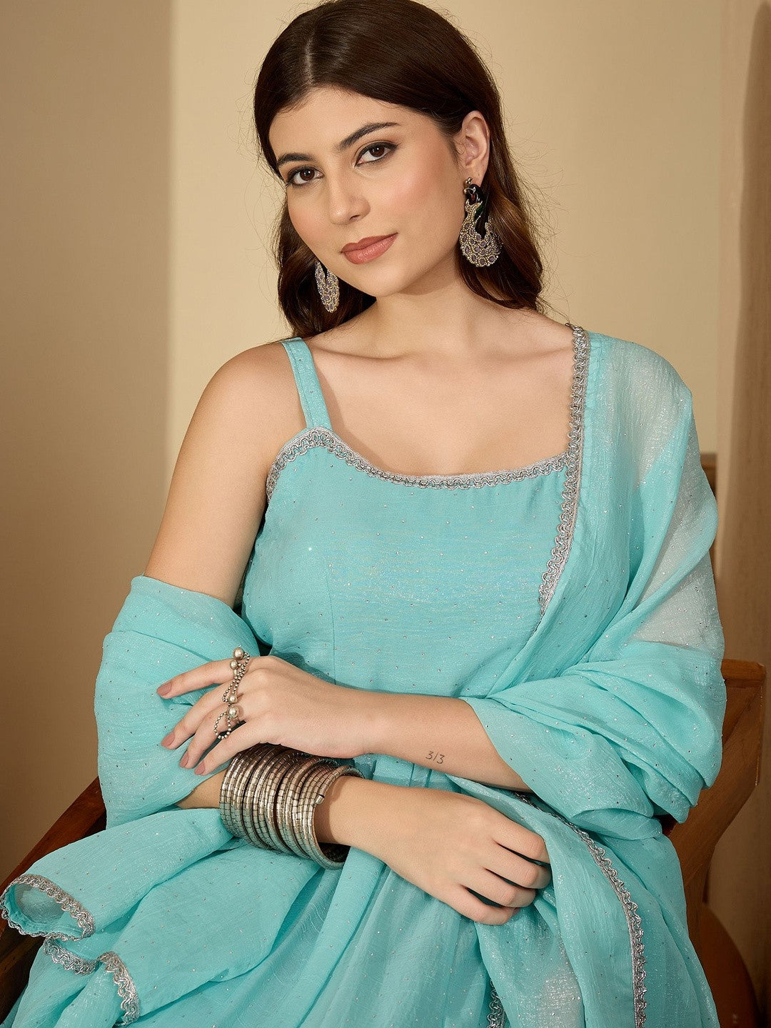 Women Printed Regular Sequinned Kurta with Trousers & With Dupatta