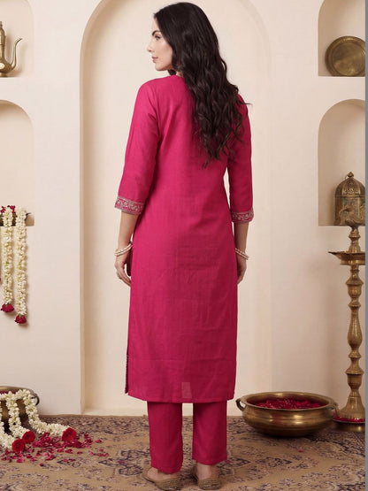 Women Ethnic Motifs Embroidered Regular Chanderi Cotton Kurta with Trousers & With Dupatta
