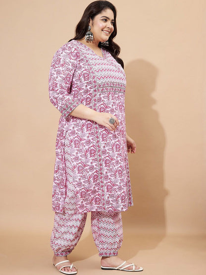 Dhiyona KL Floral Printed Regular Pure Cotton Straight Kurta With Trousers & Dupatta
