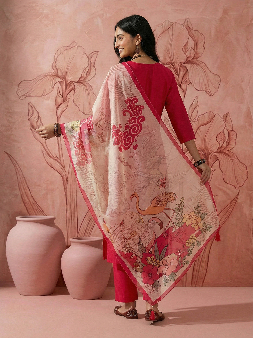 Beads & Stones Embroidered Regular Pure Cotton Kurta with Trouser & Dupatta