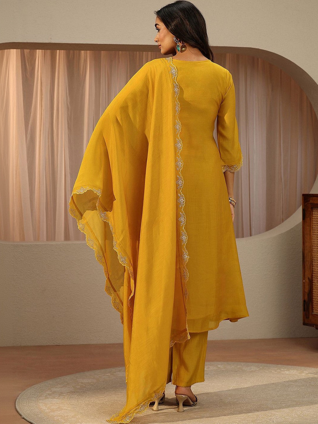 Yellow Embroidered Chanderi Cotton A-line Suit Set