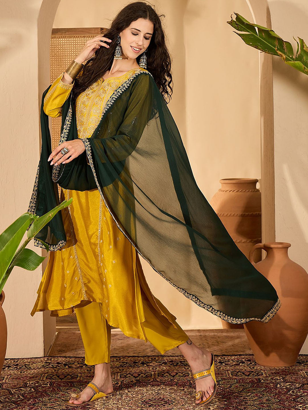 Women Ethnic Motif Embroidered Sequinned Kurta With Trousers & Dupatta