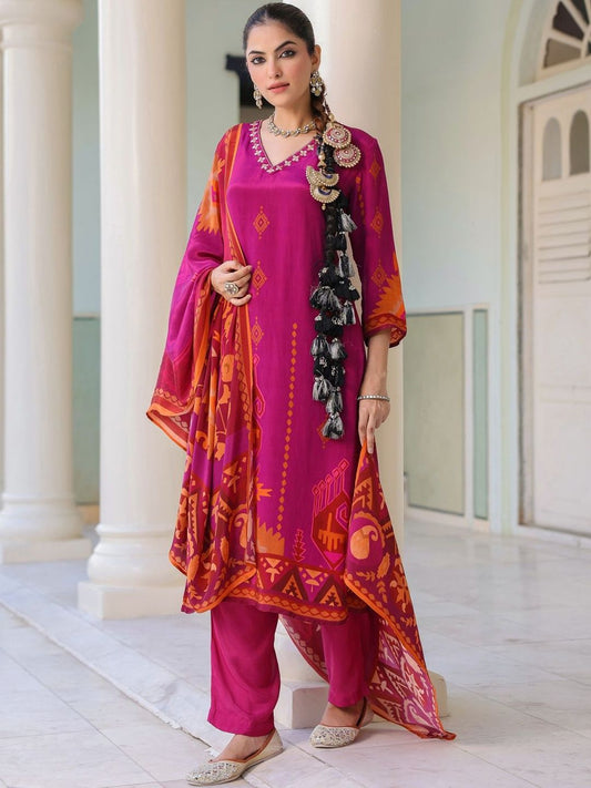 Dhiyona RR Women's Ethnic Motifs Printed Sequinned Regular Kurta Set With Dupatta