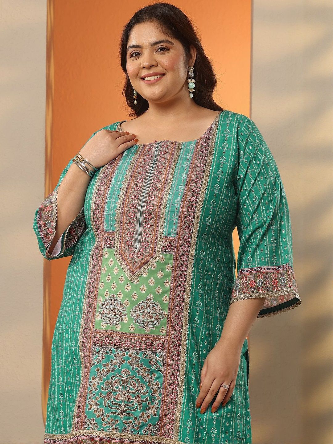 Dhiyona Women's Plus Size Printed Square Neck Straight Kurta With Palazzos & Dupatta