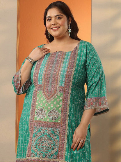 Dhiyona Women's Plus Size Printed Square Neck Straight Kurta With Palazzos & Dupatta