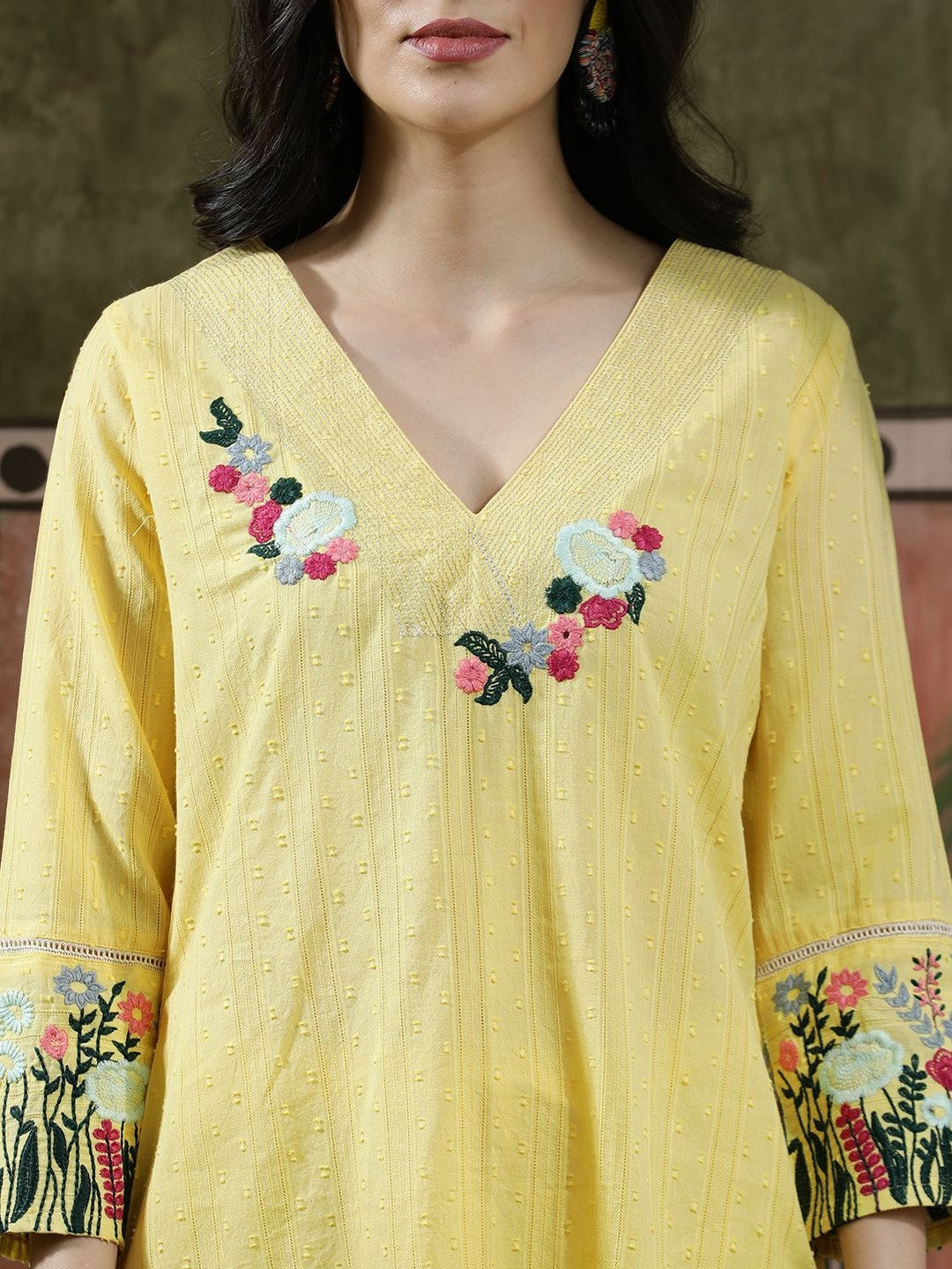Embroidered Pure Cotton V-Neck Kurta & Trousers Kurta Sets