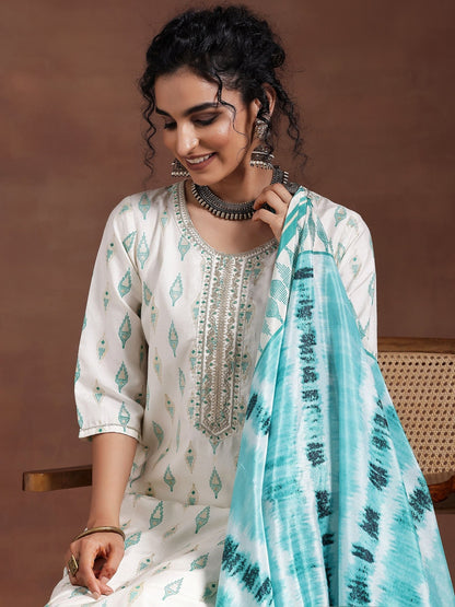 Women Ethnic Motifs Printed Regular Thread Work Kurta with Pyjamas & With Dupatta