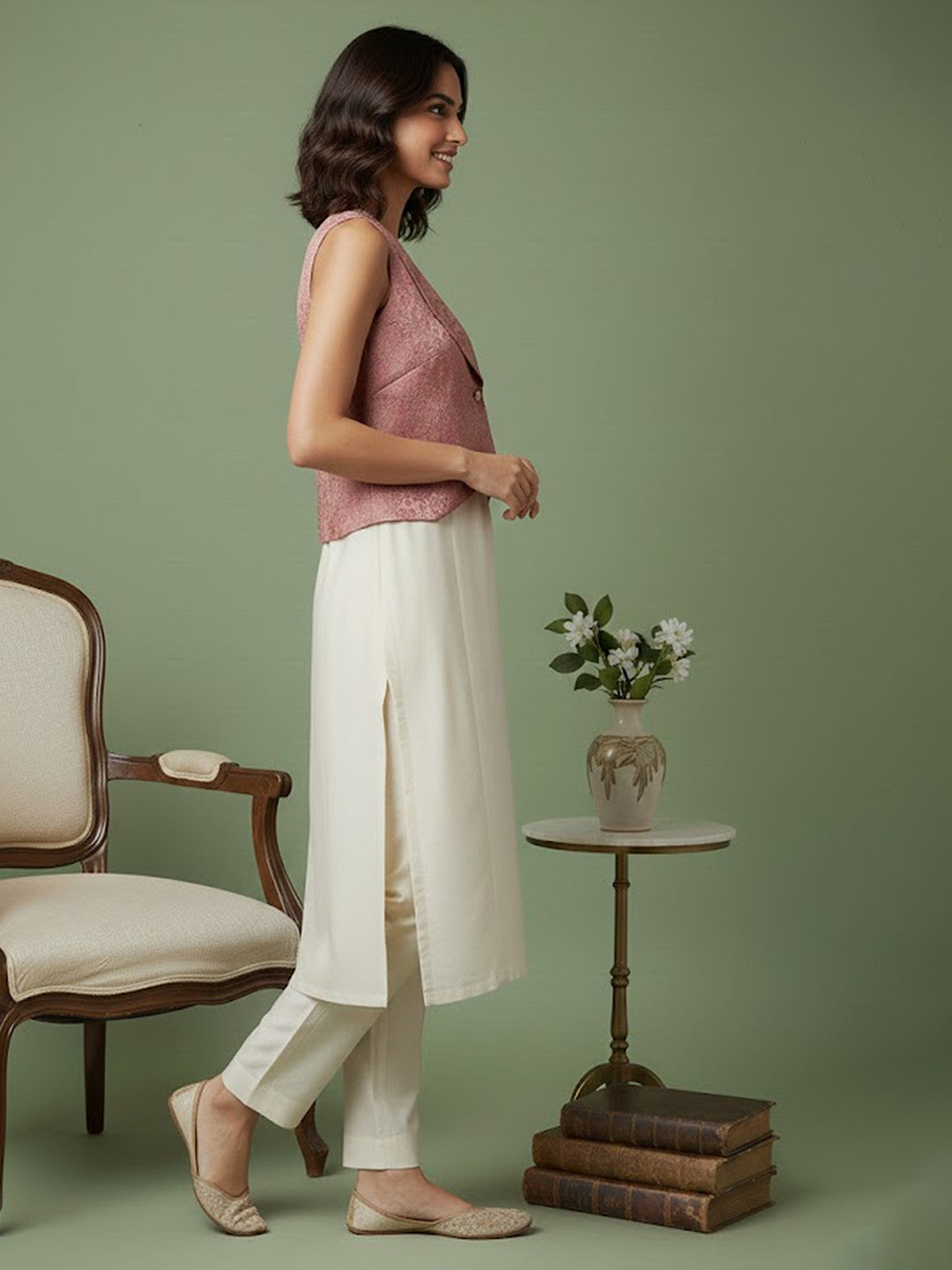 Solid Kurta with Jacquard Jacket &Trouser