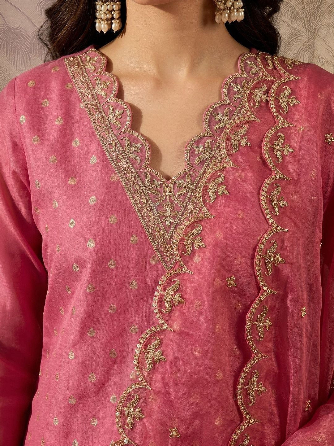 Printed V-Neck Kurta & Trousers With Dupatta