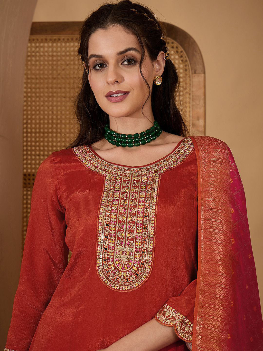 Floral Yoke Design Panelled Zari Anarkali Kurta With Trouser And Dupatta