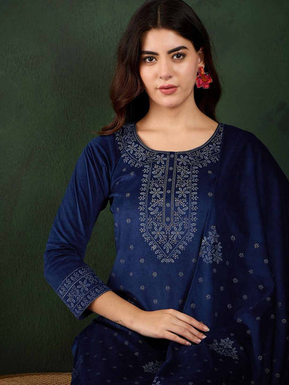 Floral Printed Winter Velvet Straight Kurta & Trouser With Dupatta