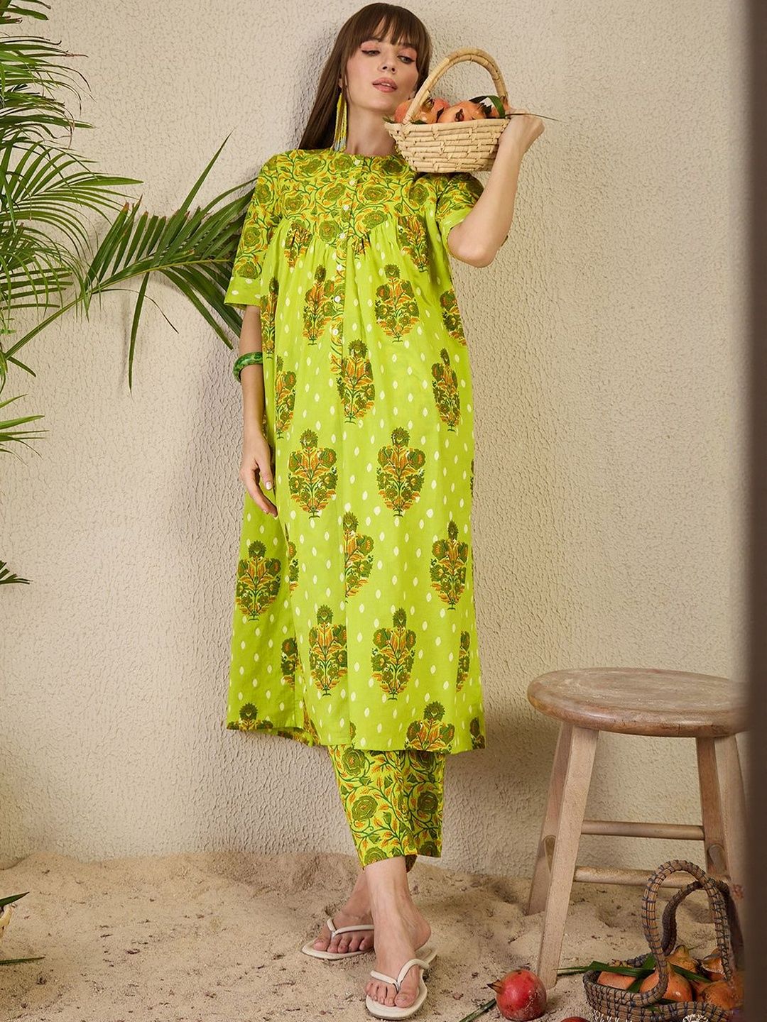 Dhiyona IE Women Ethnic Motifs Printed Cotton A-Line Kurta with Trousers