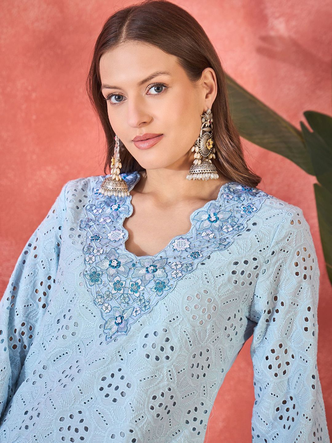Dhiyona SN Women's Floral Schiffli Embroidered Thread Work Pure Cotton Straight Kurta With Trousers