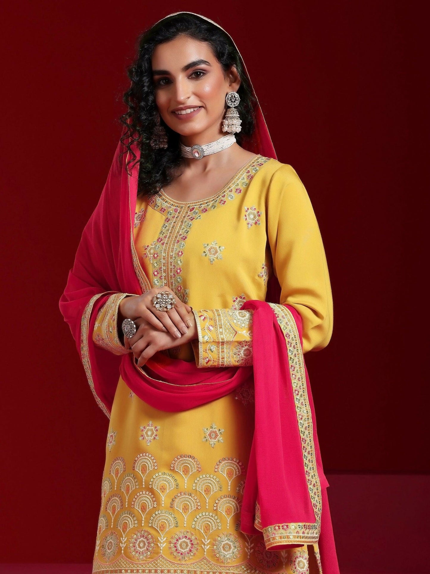 Women's LB Art Yellow Embroidered Silk Blend Straight Suit With Dupatta