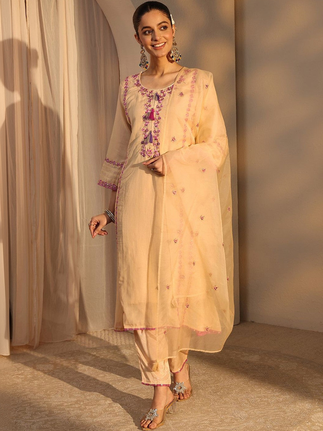 Women Ethnic Motifs Embroidered Regular Chanderi Cotton Kurta with Trousers & With Dupatta
