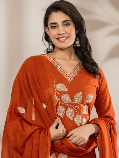 Women Ethnic Motifs Embroidered Regular Sequinned Pure Cotton Kurta with Trousers & With Dupatta