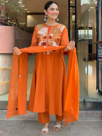 Dhiyona KL Floral Yoke Design Chanderi Silk Thread Work A-Line Kurta & Palazzos With Dupatta