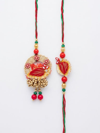 Dhiyona Set Of 2 Artificial Beads Bhaiya Bhabhi Rakhi With Roli Chawal Chandan Mishri
