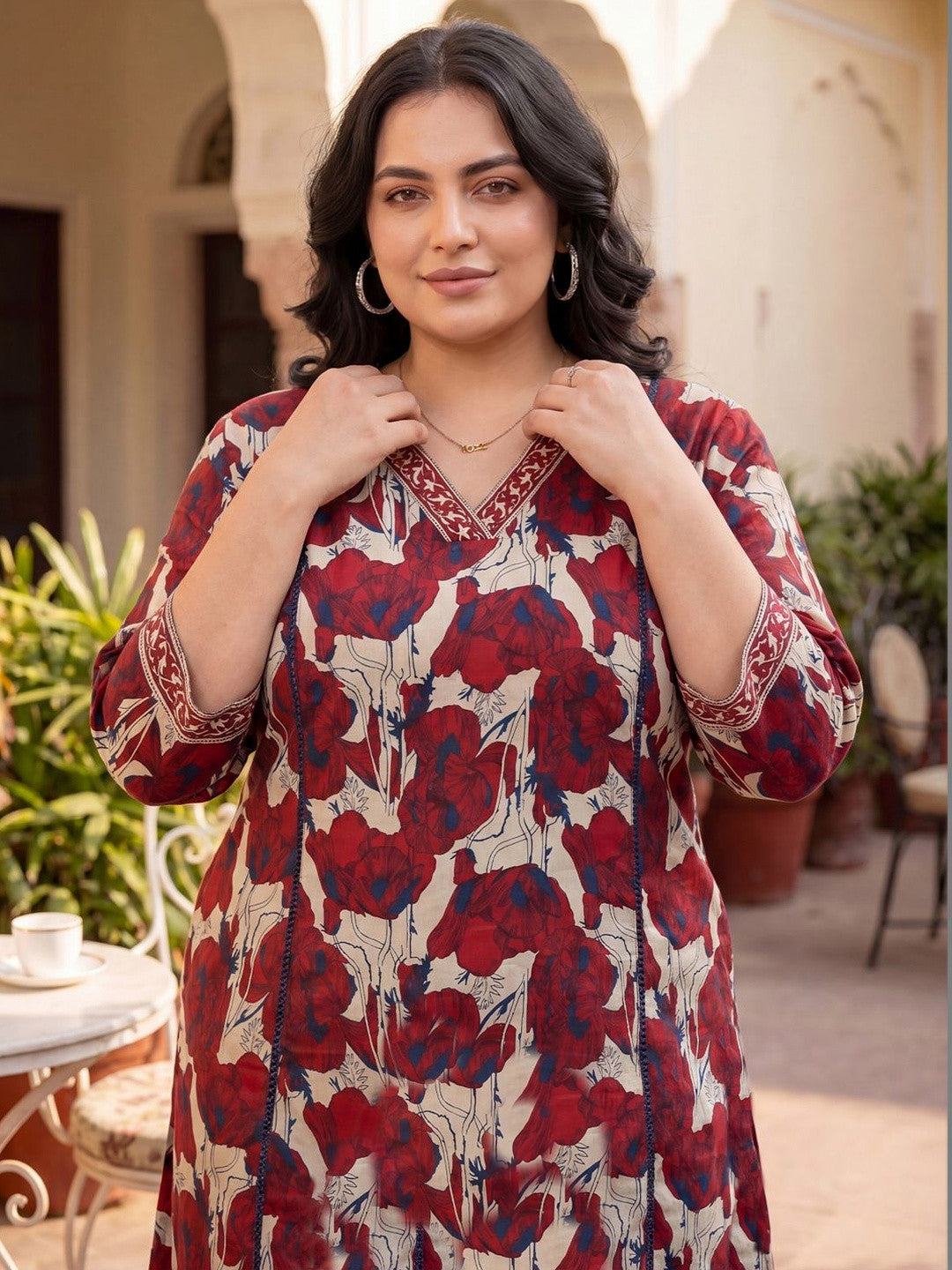 Plus Size Maroon Printed A-Line Kurta Trousers Set