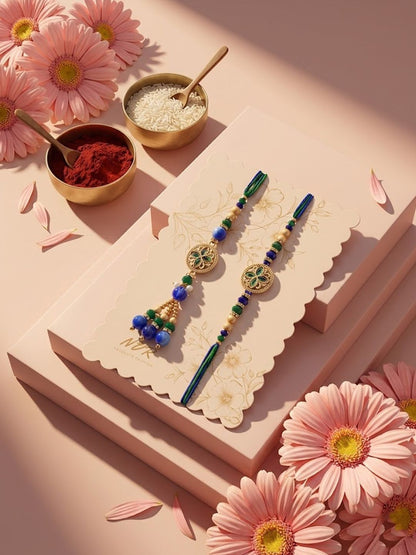 Dhiyona Set Of 2 Blue Artificial Beads Morpankh Style Bhaiya Bhabhi Rakhi With Roli Chawal