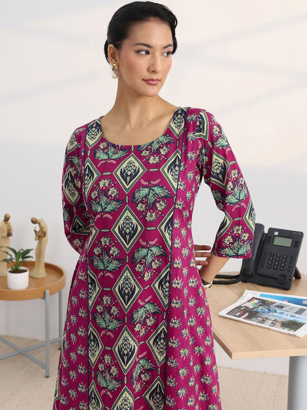 Libas Pink Floral Printed Cotton Blend A-Line Kurta Set