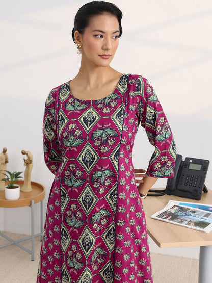 Libas Pink Floral Printed Cotton Blend A-Line Kurta Set