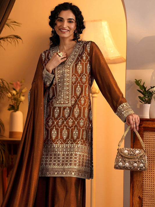 Dhiyona LL Women Ethnic Motifs Embroidered Thread Work Kurta with Palazzos & Dupatta